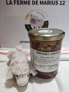 Conserve de saucisses de mouton lentilles. Vente à la ferme en Aveyron