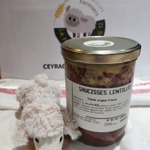 Conserve de saucisses de mouton lentilles. Vente à la ferme en Aveyron